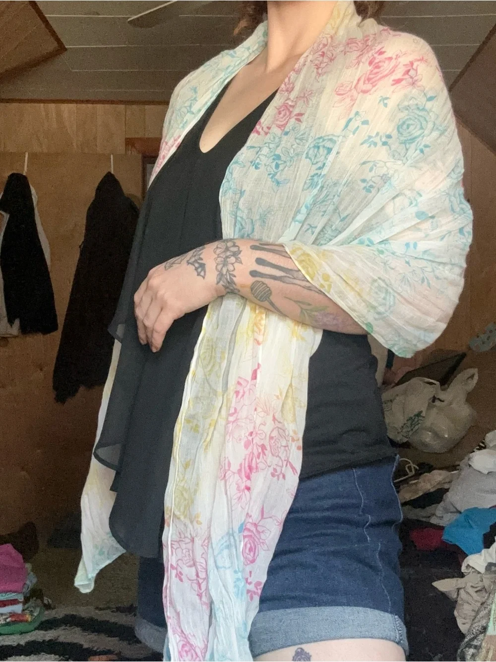 Preppy Multicolor Rose Print Rainbow White Semi Sheer Scarf